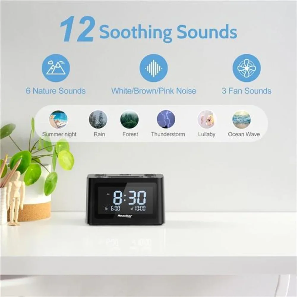 Dual Alarm Clock & Sleep Sound Machine, USB Charger, 12 Soothing Sounds